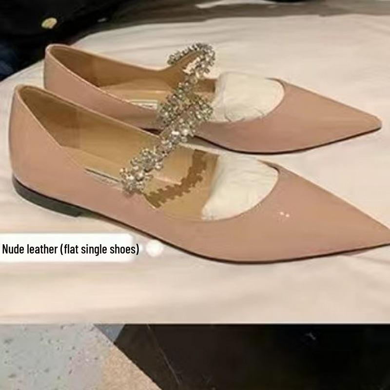 Spring 2025 Fairy Style Rhinestone Chain Mary Jane Flats - Patent Leather, Pointed Toe, Korean Soft Sole
