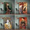 Abstract Woman and Cat Canvas Painting Wall Art Gustav Klimt Art Elegant Girl Poster Prints for Office Living Room Home Decor