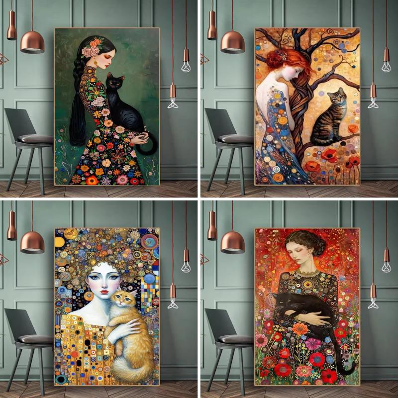 Abstrakte Frau und Katze Leinwandmalerei Wandkunst Gustav Klimt Kunst Elegantes Mädchen Posterdrucke für Büro Wohnzimmer Heimdekor