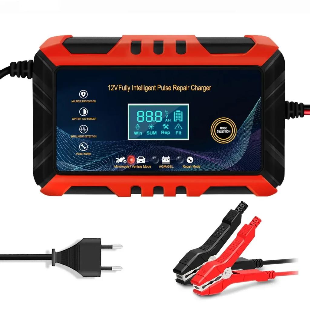 12V Car Motorcycle Battery Charger Intelligent Pulse Repair with LCD Display Auto Battery Maintenance Charging Tool