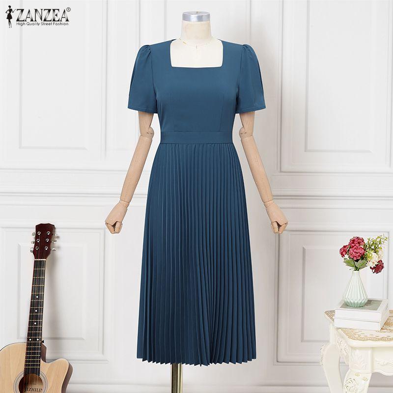 ZANZEA Women Square Collar Summer Casual Short Sleeve Dress
