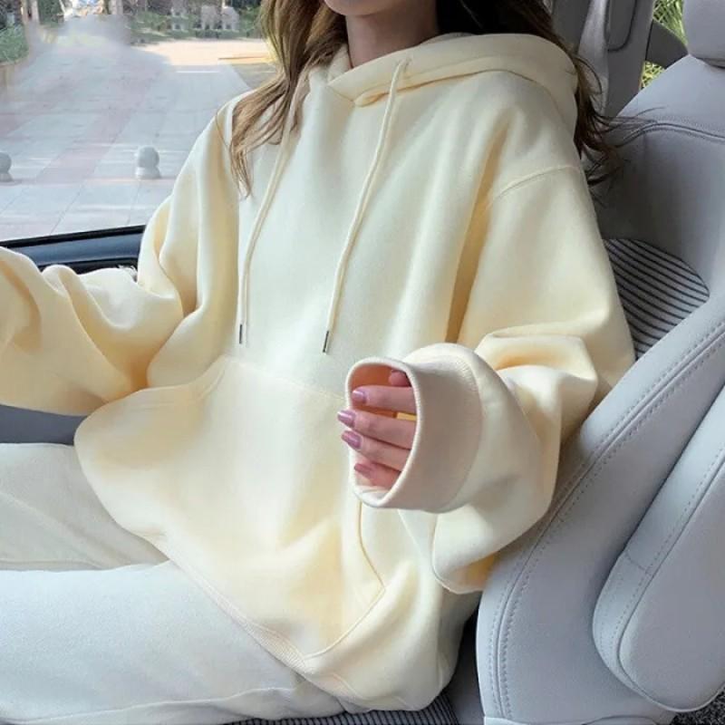 Womens Cotton Hoodie Loose Casual Solid Color Sweatshirt Couples Streetwear