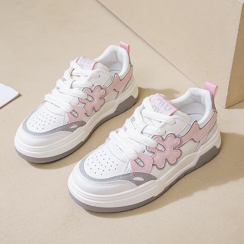 New Versatile Flower Mesh Breathable Thick-soled Women's Leather Versatile Casual Skateboard Shoes