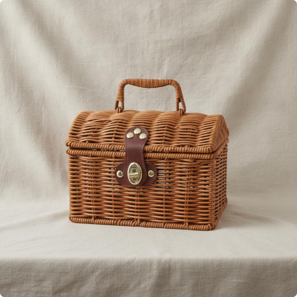 Basket with Lid and Handle Rattan Basket with Handle Portable Sturdy for Home Storage, Picnics