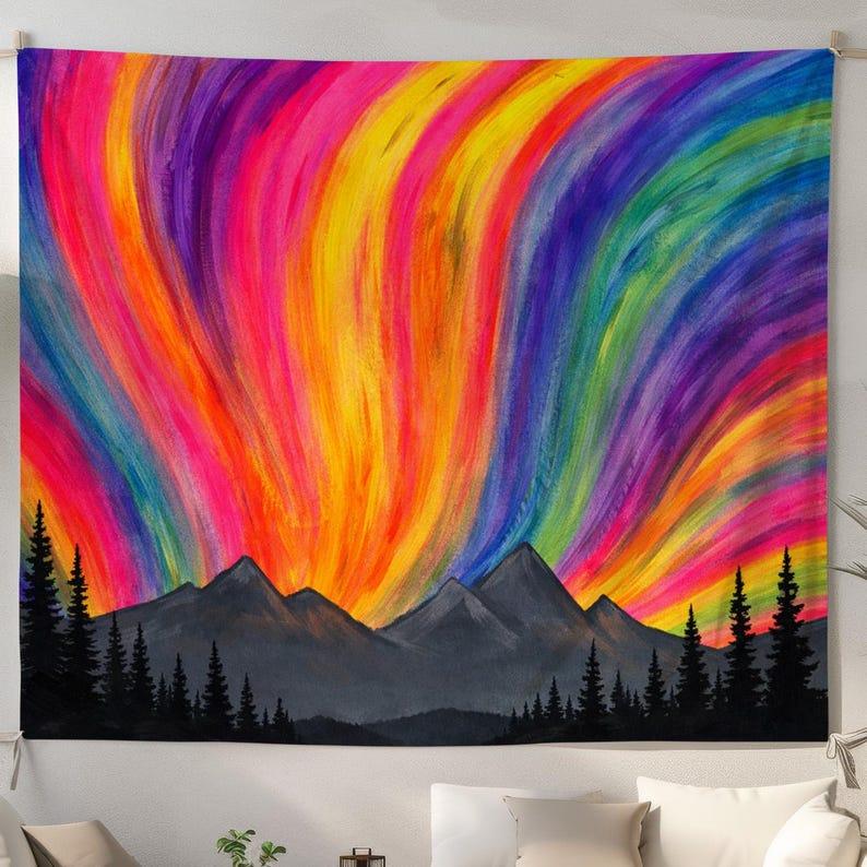 Magnificent Aurora Mountains tapestry 75x100