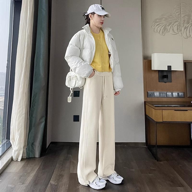 Women's Lambswool Wide-Leg Sweatpants, Autumn/Winter Narrow Straight-Leg, Tall Plus Velvet, Extra Length, Outerwear Cotton Pants.