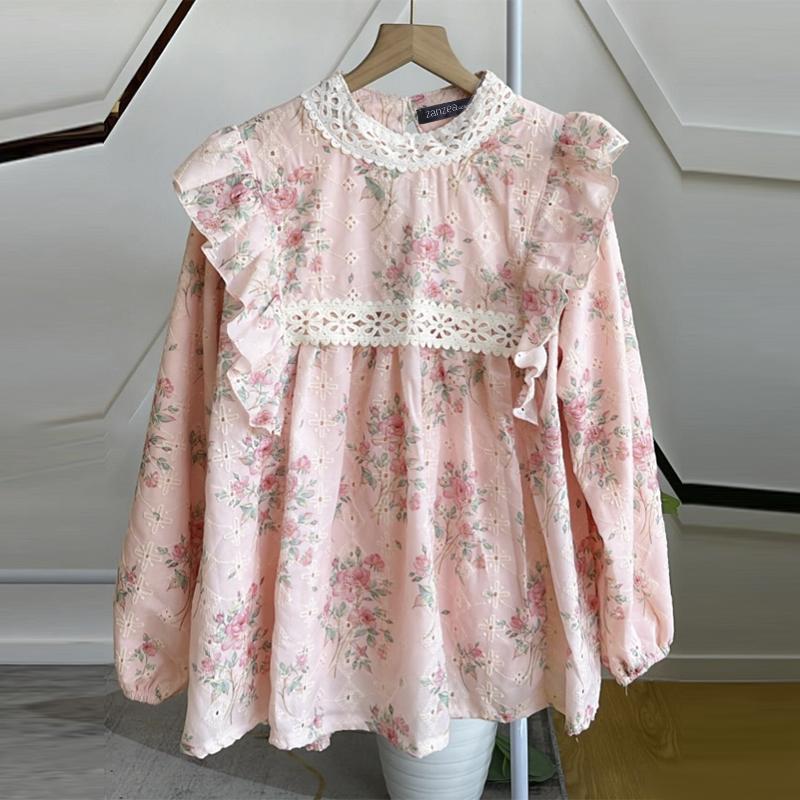 

ZANZEA Женская свободная повседневная блузка с длинным рукавом и цветочным принтом S розовый