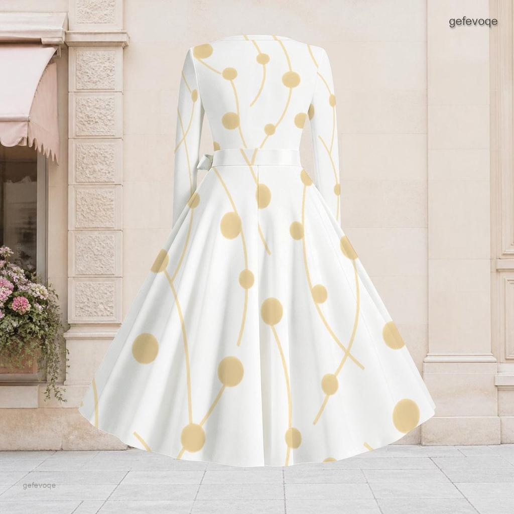 Women Plus Size V Neck Long Sleeve White Printed A Line Flared Dress With Tie Waist