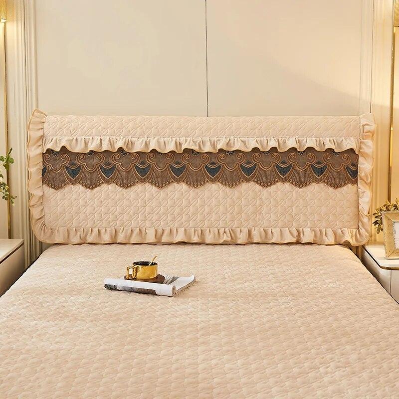 Luxury Fine Flannel Quilted Bed Head Cover Lace Edge Short Plush All-inclusive Headboard Cover Elegant Protective Cover