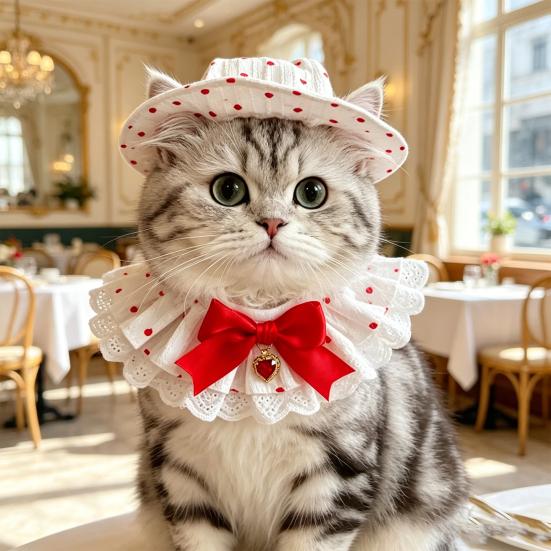 Cat Costumes Breathable Cotton Adjustable Sun Hat And Scarf Set with Bow Decor Pet Clothes for Party Photography Props