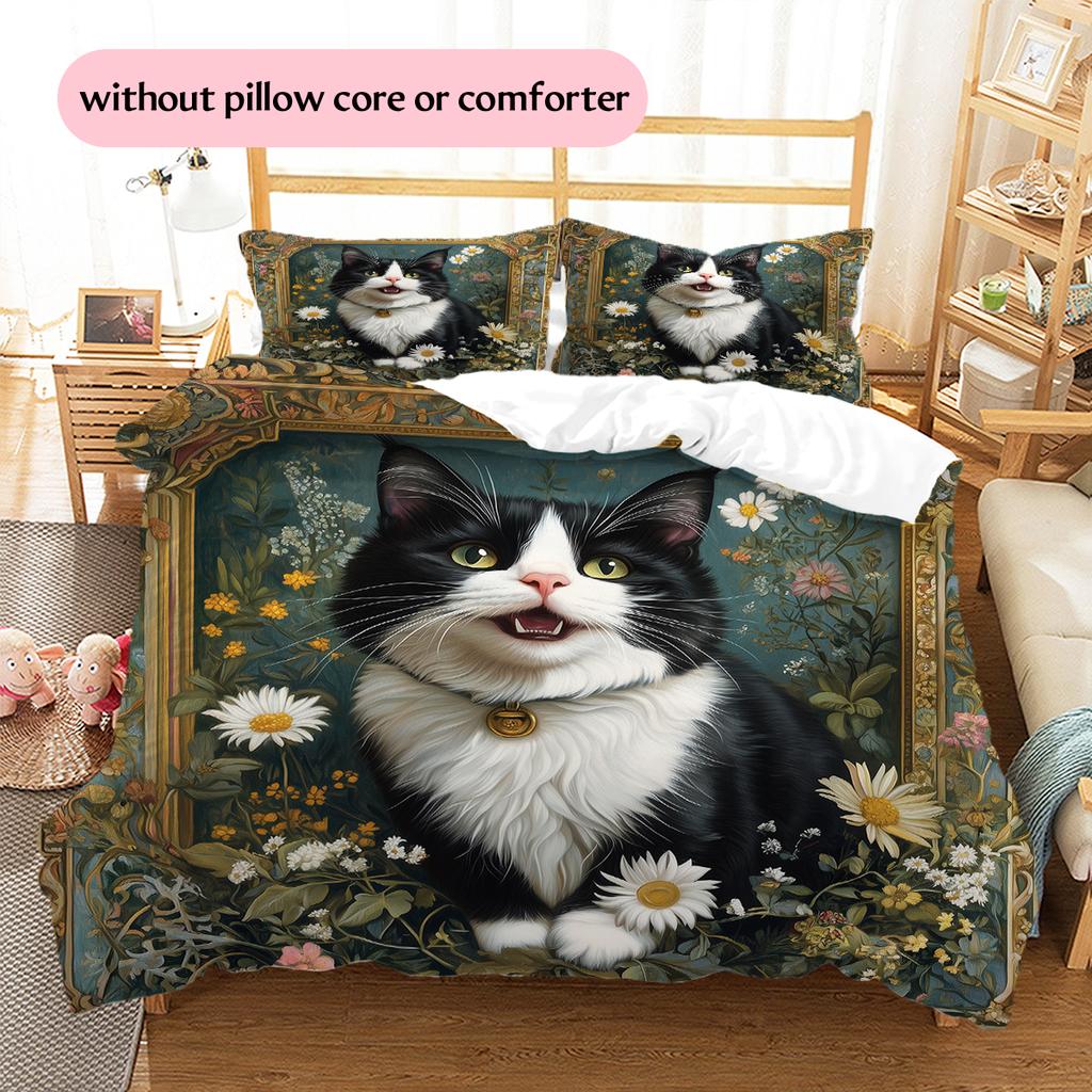 Beautiful Cow Cat Pattern Bedding Home Decoration Birthday Gift (1 * duvet cover + 2 * pillowcase, without core)