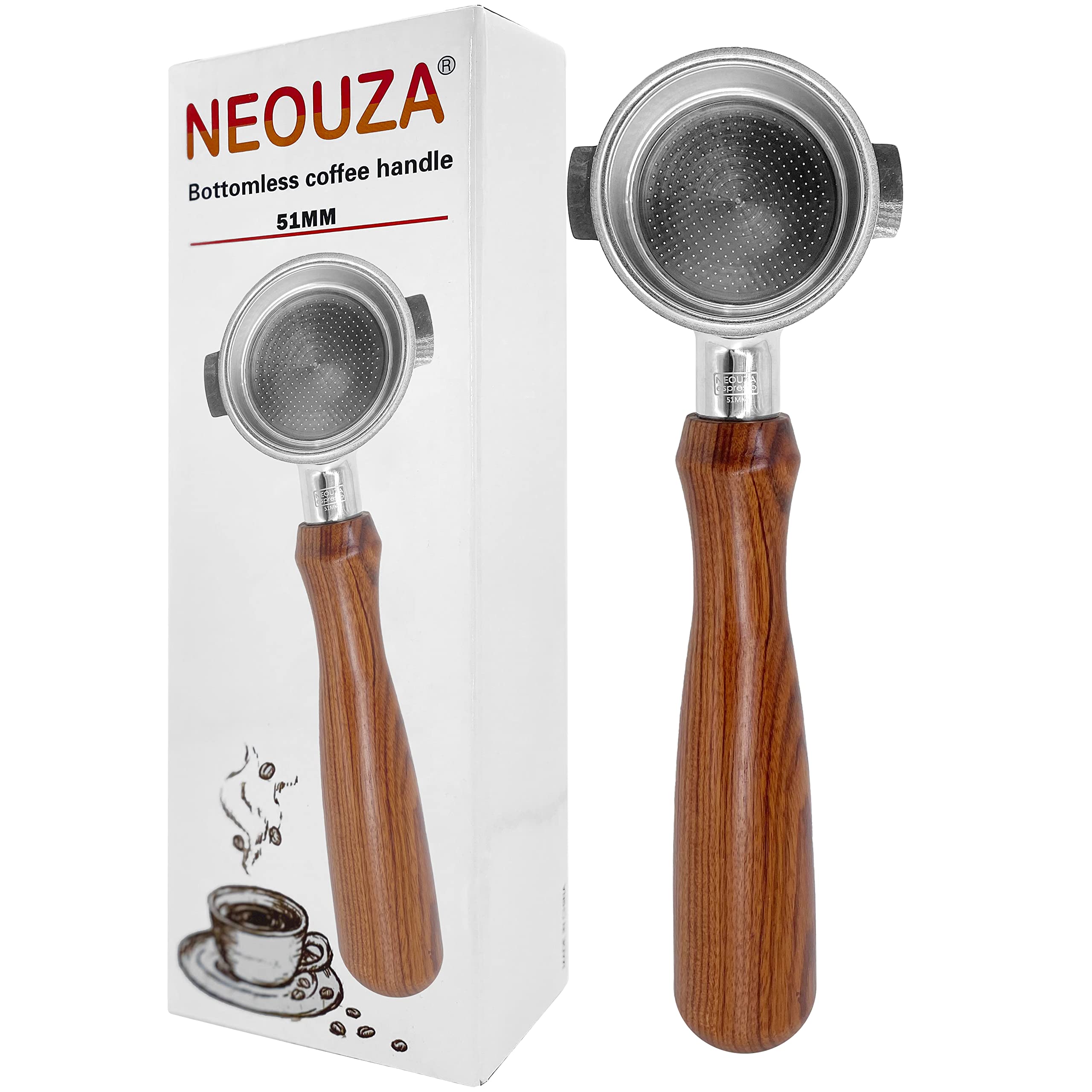 

NEOUZA 51mm Espresso Bottomless for Delonghi and Other Coffee 304 Stainless Steel Replacement Handle with Removable Filter and Cup Filter Basket