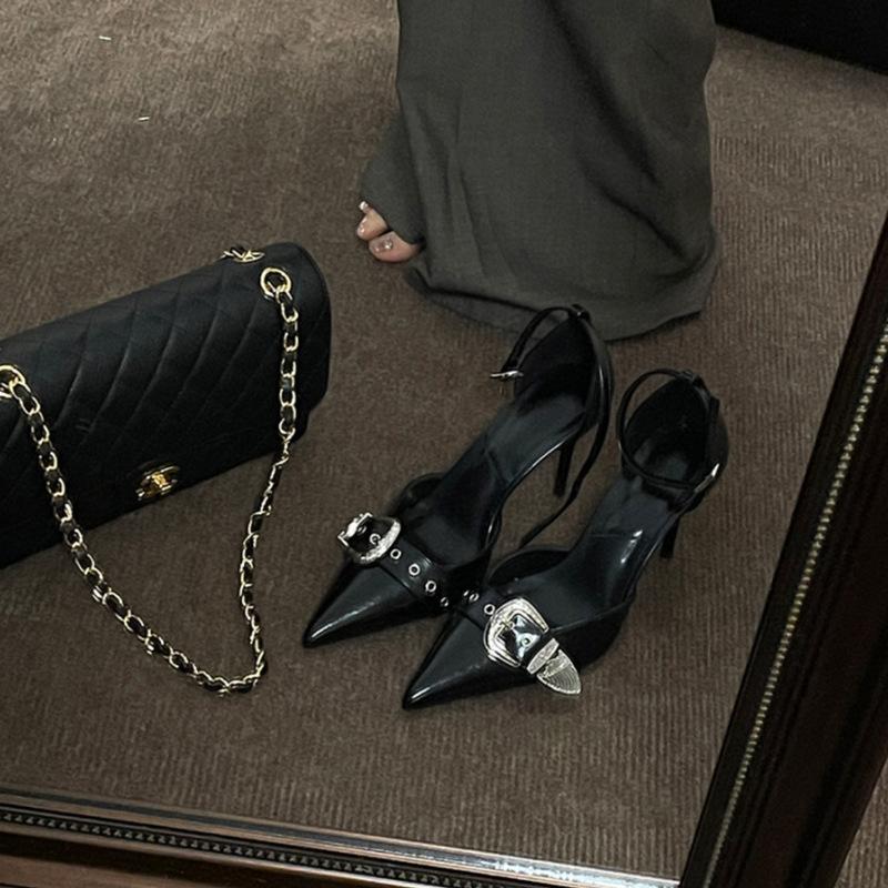 

Черные остроносые туфли на высоком каблуке, каблук средней высоты, весенне-летние туфли-лодочки на тонком каблуке, женские сандалии с ремешком и металлической пряжкой 40 чёрный