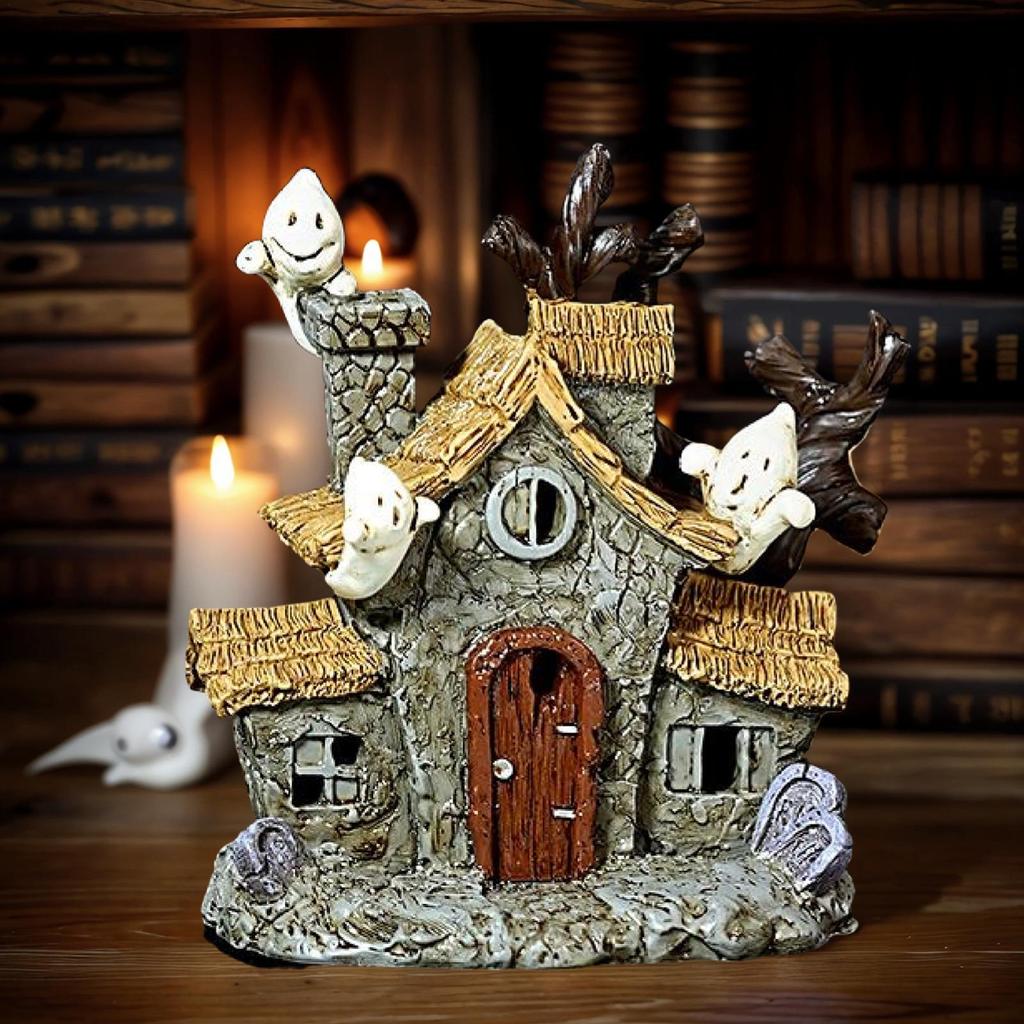 Haunted House Figurine Indoor Resin Halloween Room Decor 5.3Inch Glowing Figure Lighted Statue For Table Women Workplace Shelf