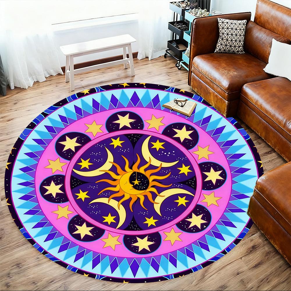 1pc Sun Moon Stars Round Chair mat office Area Rug - Non-Slip, Floor Mat for Office, Bedroom, Ideal home decor gift p0105030
