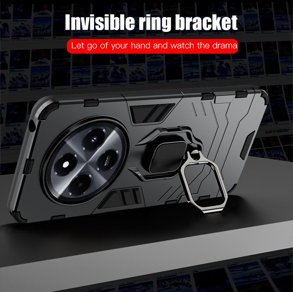 KEYSION Shockproof Armor Case for Xiaomi Redmi 14C Soft Silicone+PC Ring Stand Holder Phone Back Cover for Redmi 14C 4G