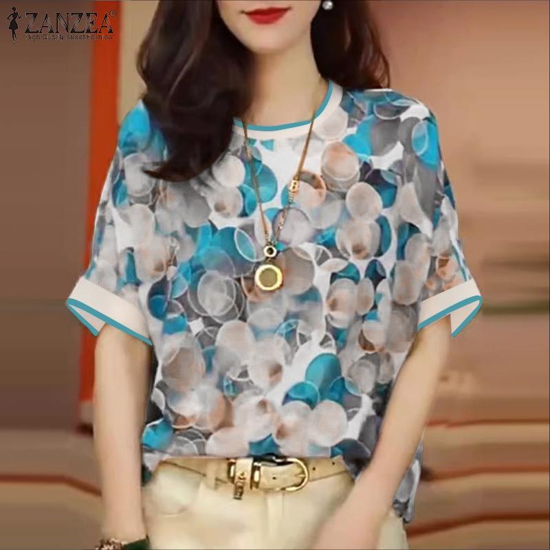 ZANZEA Damen Lässig Rundhals Locker Sommer Kurzarm Print Bluse