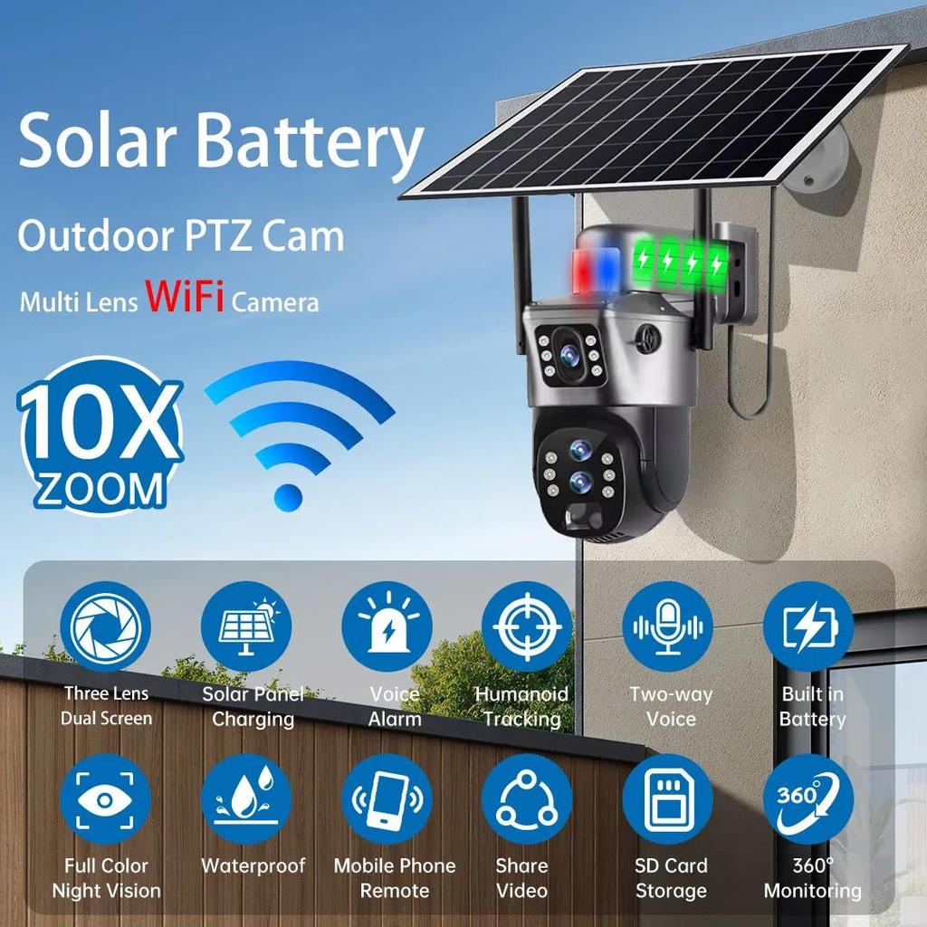 Drie Lenzen 10x Zoom Zonnecamera's WiFi Buitenbewaking 6K 12MP Draadloze CCTV IP Camera 360 PTZ Externe Beveiligingscamera V380