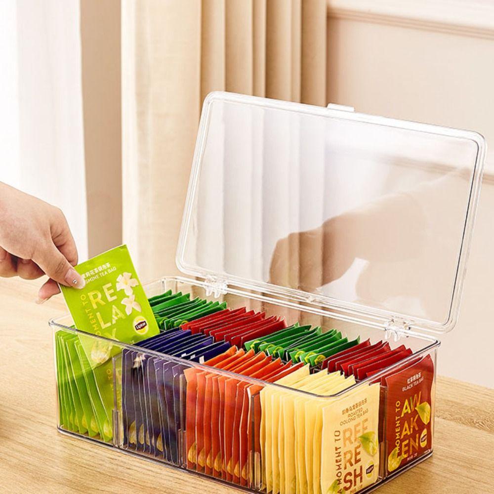 Acrylic Tea Bag Storage Box Organizer with Lid Coffee Bag Compartment Box Stackable Dustproof Transparent Flip Top Storage Box