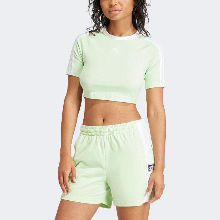 Adidas Originals Stripe Color Block Logo Round Neck Slim Fit Short Sleeve Cut Shoulder Tee Women Tops Green IP0659