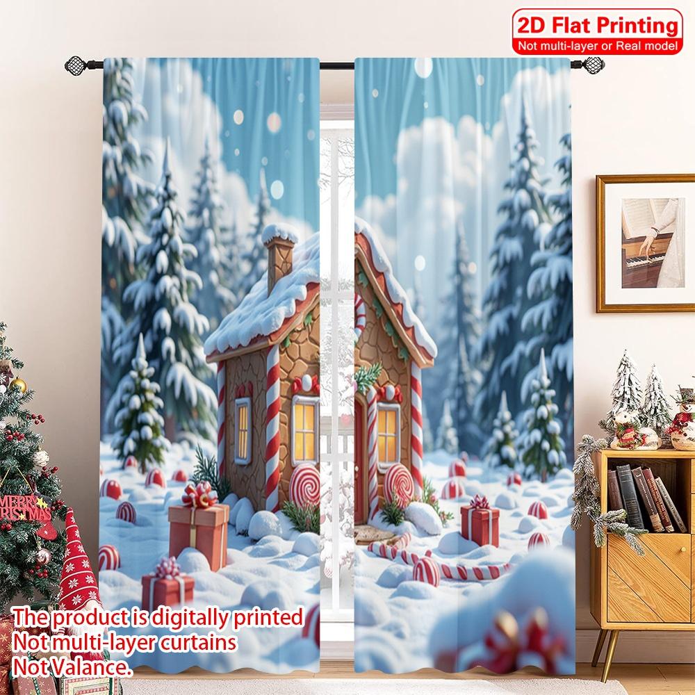 2pcs 2D Flat Printing Christmas Scene Curtain Gingerbread House Candy Winter Wonderland Polyester Fabric Without Electricity