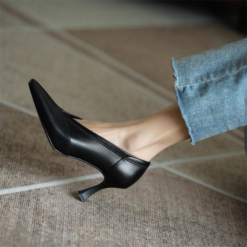 Fashion Spring Women Shoes Small Square Toe Thin Heel Women Pumps Retro Genuine Leather Shoes Women V-mouth High Heels Handmade Shoes