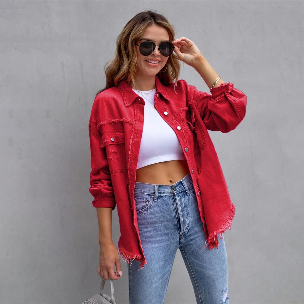 Holes Raw-edges Denim Jacket Women Spring Autumn Shirt Style Jeancoat Casual Top Outerwear Lady Coat