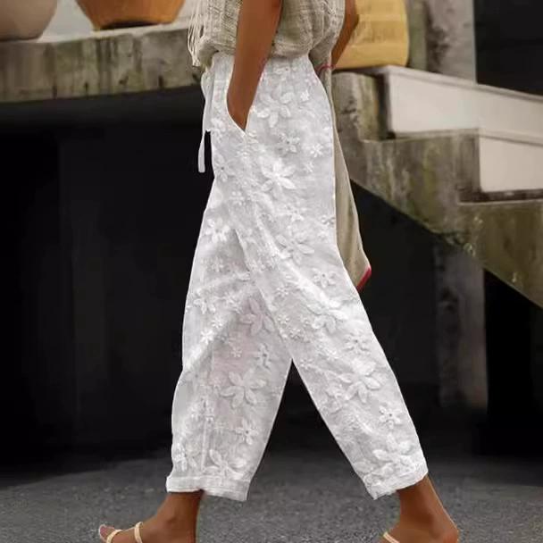 Women's Long Pants Elastic High Waist Wide-Leg Trousers Elegant Embroidered Cotton Linen Pants