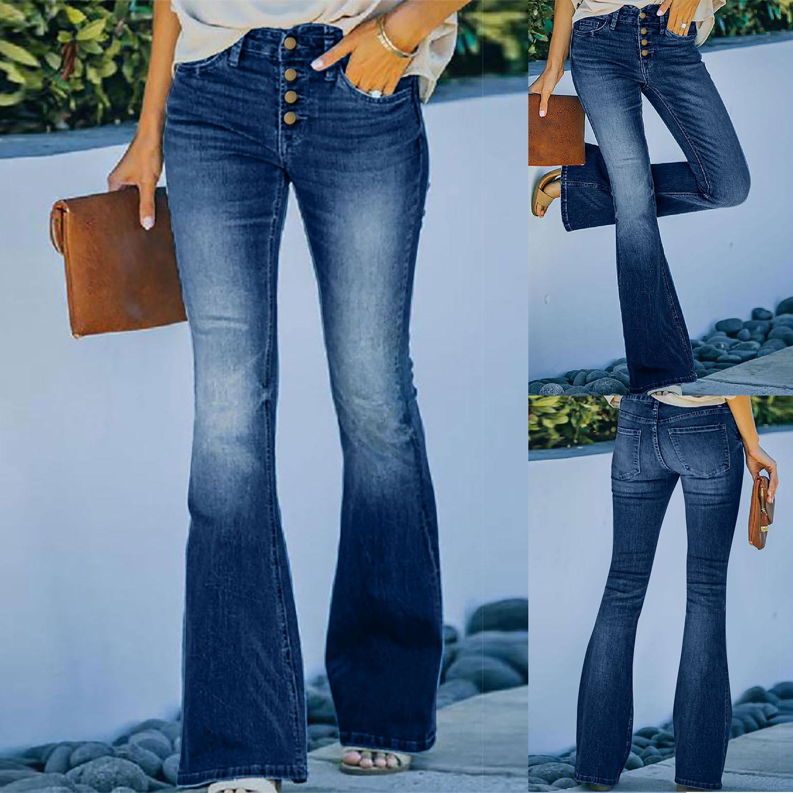 

Women s Medium Waist Fashion Skinny Multi Button Micro Flare Washed Jeans S