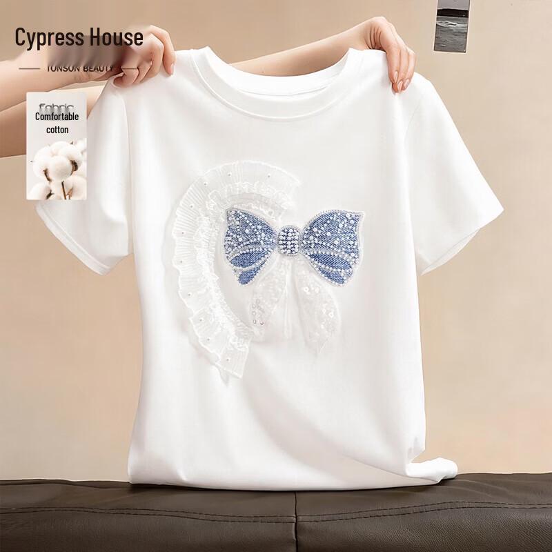 Women s Elegant Bowknot Embroidered Cotton T-Shirt L