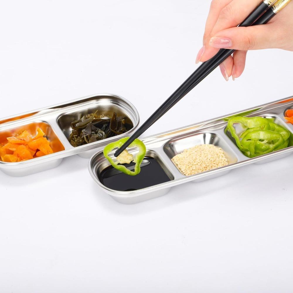 3-compartment Sauce Dish Stainless Steel Soy Tomato Sauce Salt Vinegar Sugar Spiced Flavor Condiment Dip Bowls Korean BBQ