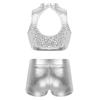 Kids Girls Two-Piece Dance Set Sequined Sleeveless Crop Top Metallic Bottoms Performance Outfit