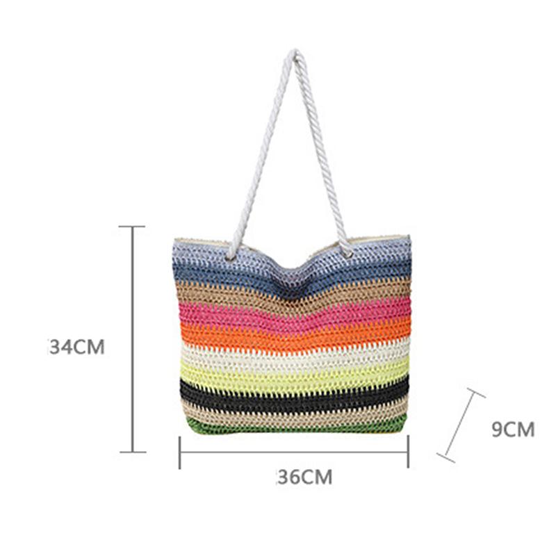 Casual Beach Handbag Strip Weave Bag Large Capacity Lazy Style Rainbow Beach Bag Bohemian Style Hollow Tote Bag Streetwear CLE
