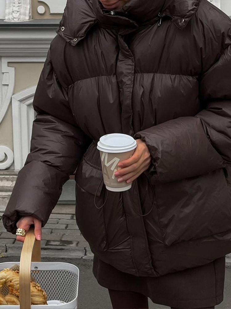 Elegant Solid Color Zipper Hooded Cotton Jacket with Long Sleeves and Pockets - Warm and Thickened for European and American Style.
