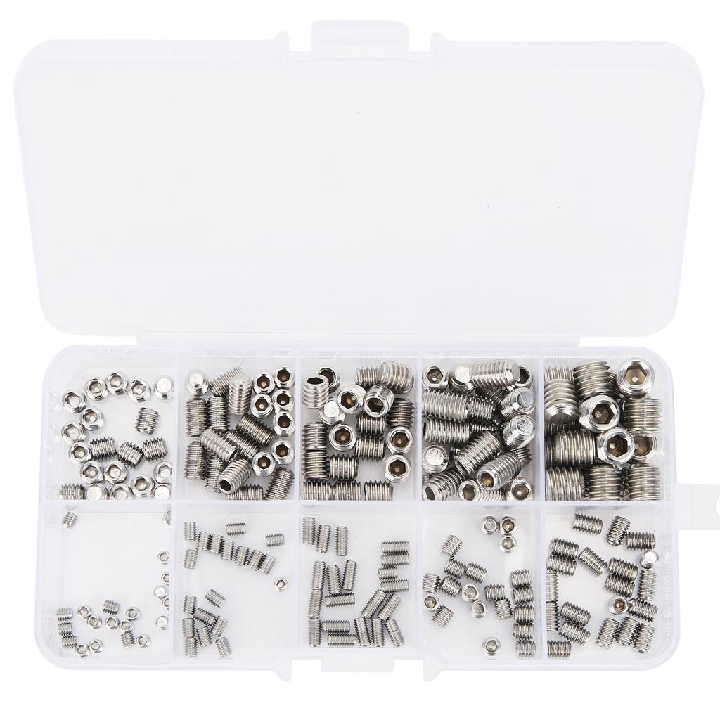 200Pcs Hex Grub Screws Socket Headless Assortment Stainless Steel Machine Set Tools