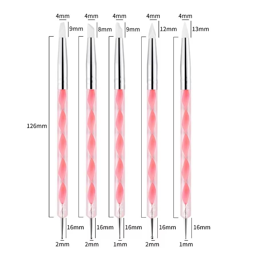 5Pcs 2 Way Nail Art Acrylic Silicone Point Flower Nail Pen Stainless Steel Dotting Tools Marbleizing Painting Pens
