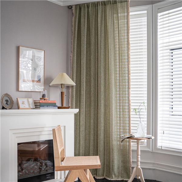 2026High Quality Finished Curtains, Striped Embroidery, Green Solid Color Contrast, Kitchen Curtains, Rural Style, Semi Shaded Bay Windows
