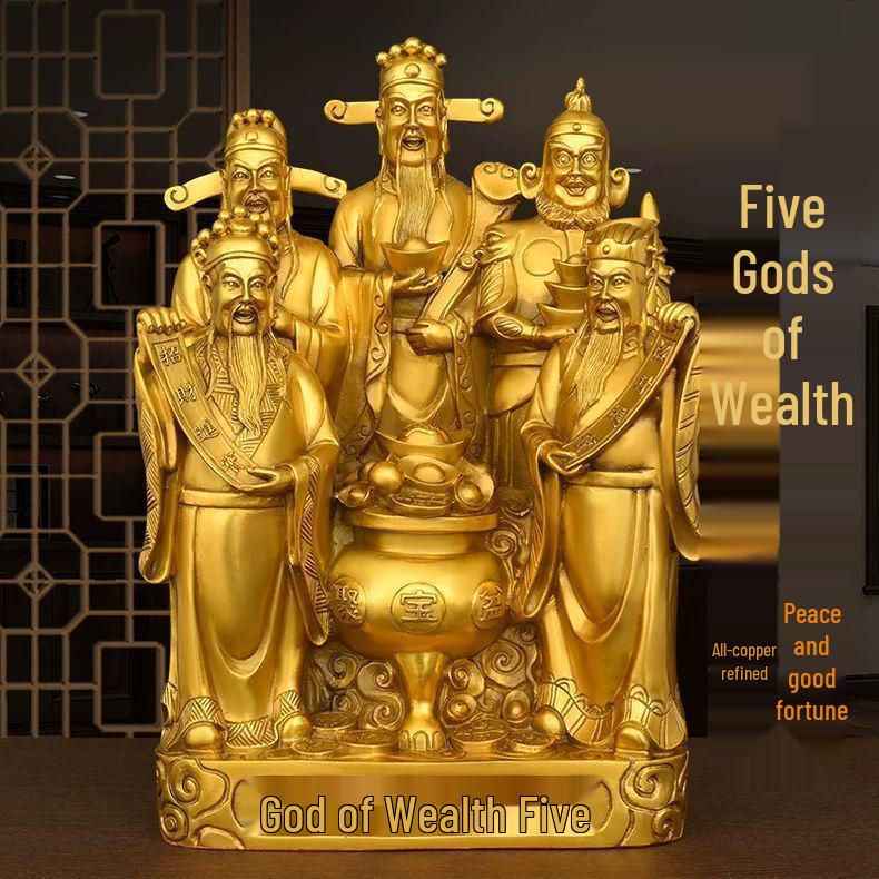 Large Bronze Five Gods of Wealth Figurine for Home or Office Worship