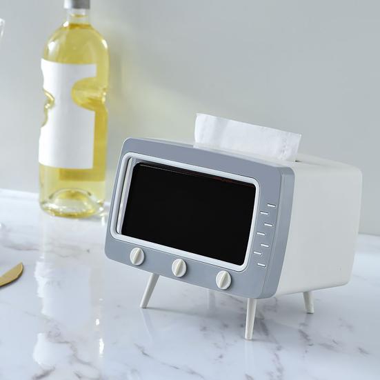 Tissue Box Holder Retro TV Shaped Tissue Case with Cell Phone Holder Multi-Functional Toilet Paper Napkin Dispenser for Room Bedroom Bathroom Dining