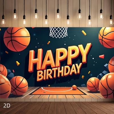 2D Basketball-themed Birthday Banner - Polyester Decoration, Vivid Basketball Court Design, Indoor and Outdoor Celebration