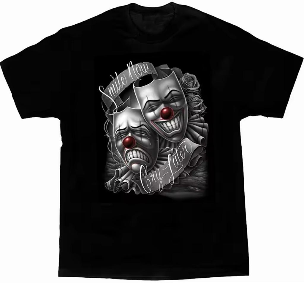 Camisetas short sleeve Round Neck Men Clothing Homme Mens New in Top Smile Now Cry Later Drama Mask Lowrider Chicano Art T-Shirt