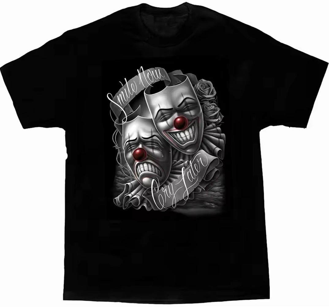 

Camisetas short sleeve Round Neck Men Clothing Homme Mens New in Top Smile Now Cry Later Drama Mask Lowrider Chicano Art T-Sh... S разноцветный