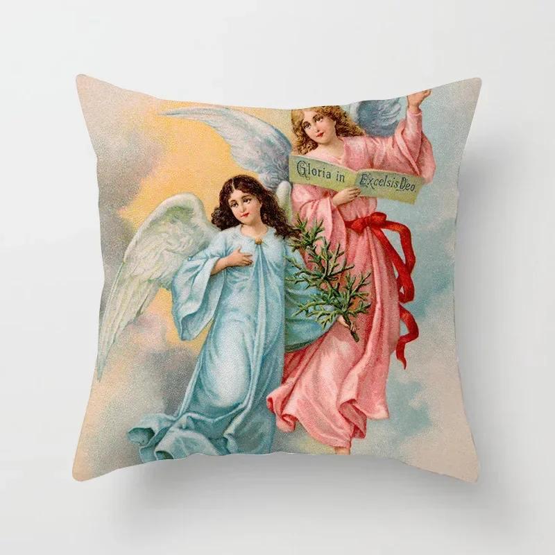 Merry Christmas Decoration Cushion Cover Angel Santa Printed Pillow Cover Holiday Farmhouse Home Decorative Pillowcase