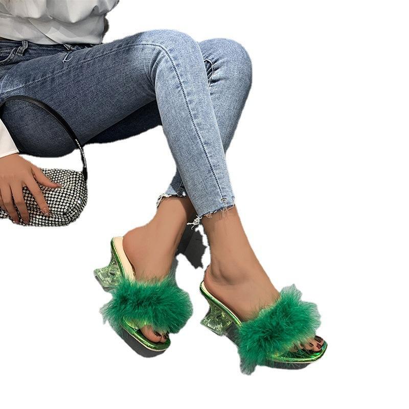 2025 Summer Large Size Foreign Trade Women's Shoes Casual Style Solid Color Square Head Fluffy Upper Wine Glass Root Slippers Women