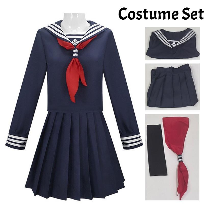 Hinako Shimizu Cosplay Costume Wig Mask Blood Red Navy Blue Silent School Uniform Game Roleplay Halloween Outfits Party JK Dress