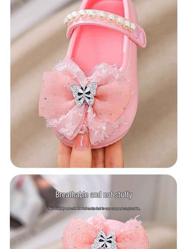 Little Girl Princess Bow Pearl Shoes - Spring/Autumn Soft Sole Sandals with a New Chinese Fragrance Style.