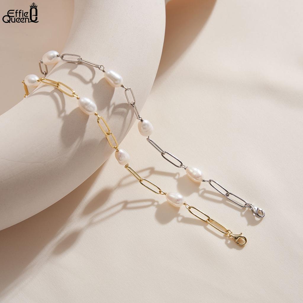 EFFIE QUEEN Fashion Freshwater Pearls Bracelet 925 Sterling Silver Paperclip Chain with Pearls Elegant Women Party Jewelry GPB39