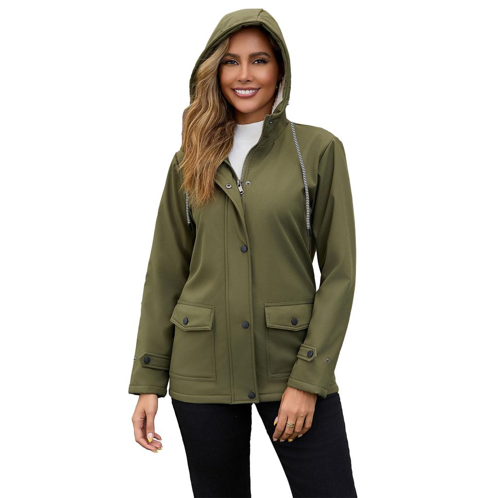 Model Lady Spring and Autumn Hooded Trench Coat Composite Fleece Waterproof Coat, Long-sleeved Zipper Cardigan Jackets