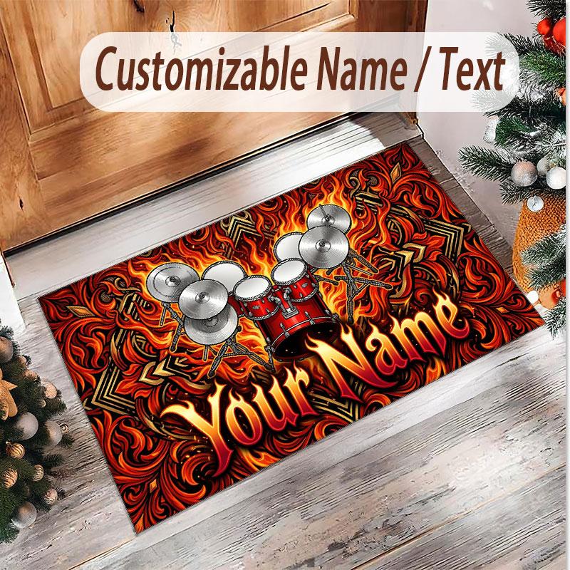 Music Drums Theme Soft Crystal Velvet Rug Custom Name & Text Print Non Slip Floor Rug for Bedroom Living Room