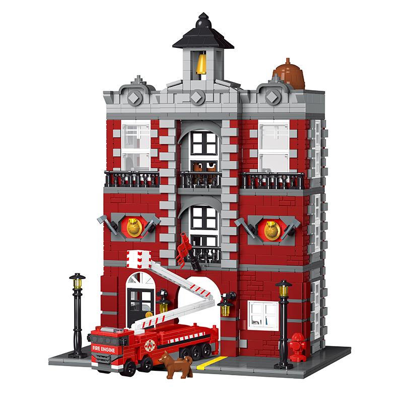1823Pcs Moc European Architecture Retro Fire Station Model City Street Scene Diy House Building Block Children'S Puzzle Toys